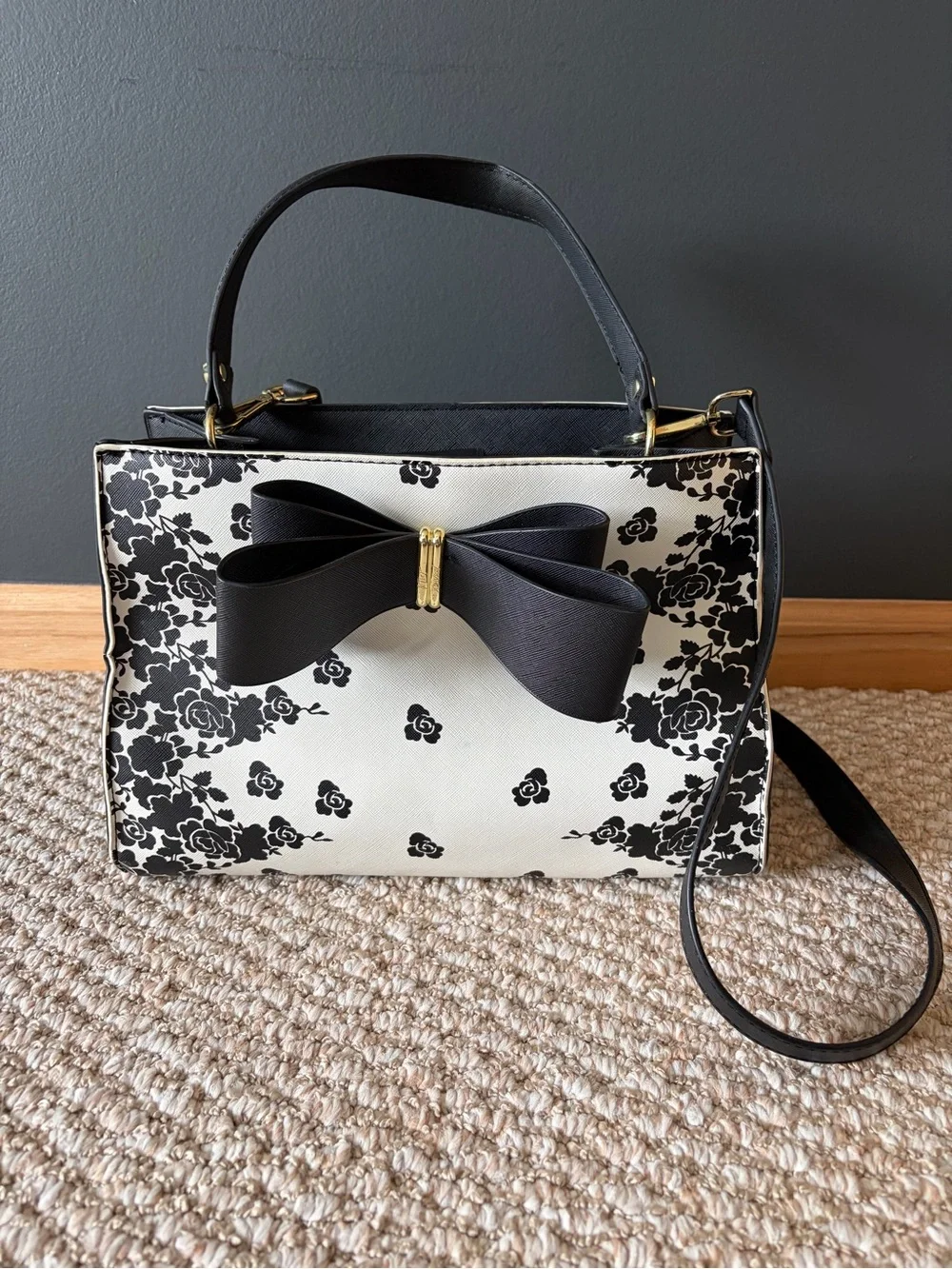 Betsey Johnson Black and Cream Floral Bow-Front Top Handle Satchel